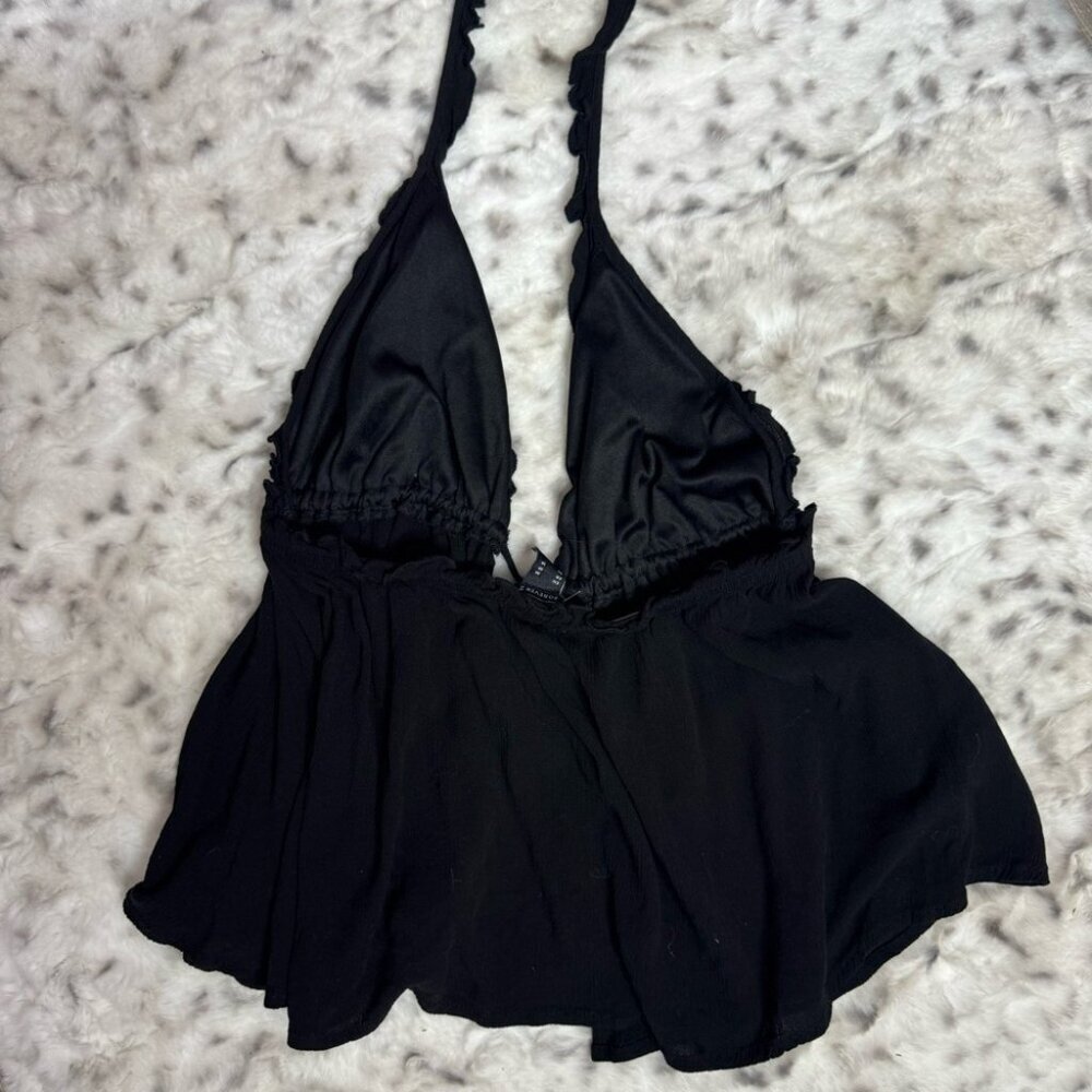 Forever 21 tank top open tie up ribbon π front halter black cute flowy boho - Picture 3 of 5